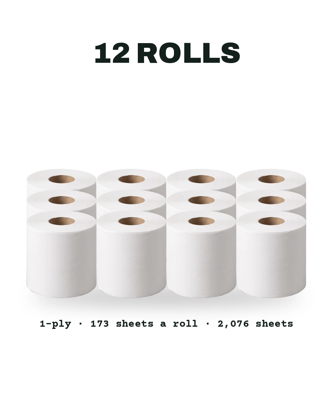 12 ROLLS: 12 white rolls standing in a block, over the line 1-ply, 173 sheets a roll, 2,076 sheets.