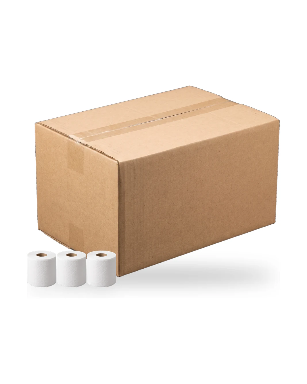 A plain unprinted kraft shipping case with three white 2-ply rolls standing in front of it for size, rendered on white.